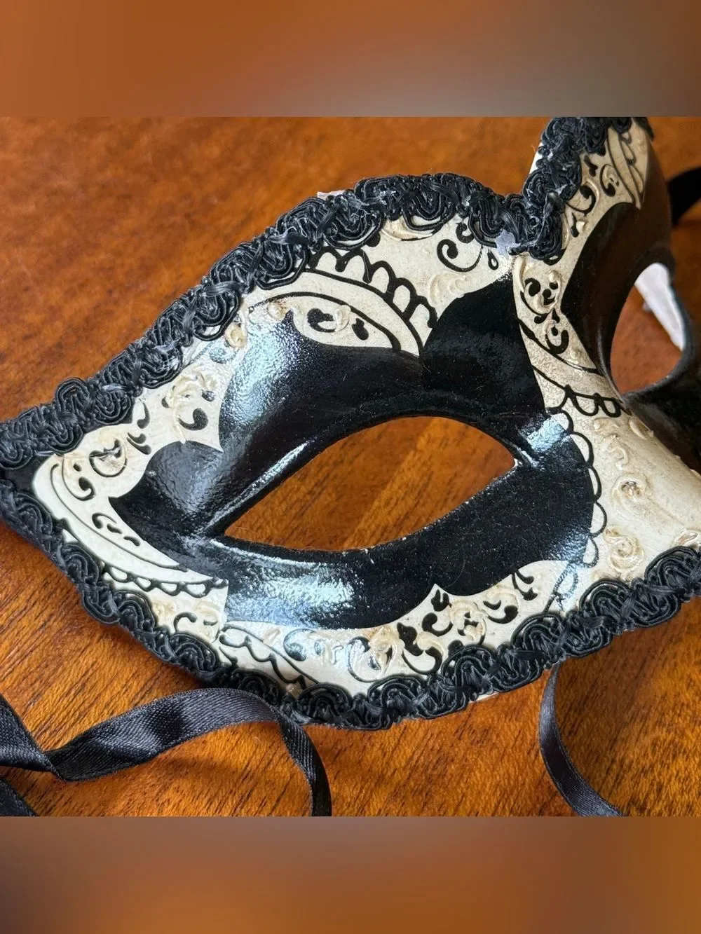 Italian Back and Cream Hand Made and Decorated Venetian-style Carnival Eye Mask